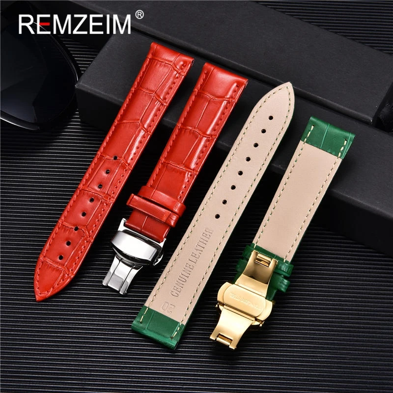 REMZEIM Watch Accessories Watch Strap 18mm 20mm 22mm 24mm Cow Leather Watch Band Blue Green Red Brown Black Watchband