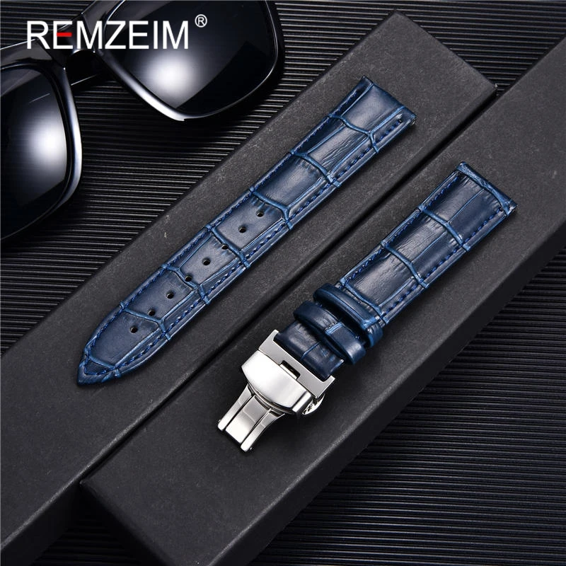 REMZEIM Watch Accessories Watch Strap 18mm 20mm 22mm 24mm Cow Leather Watch Band Blue Green Red Brown Black Watchband