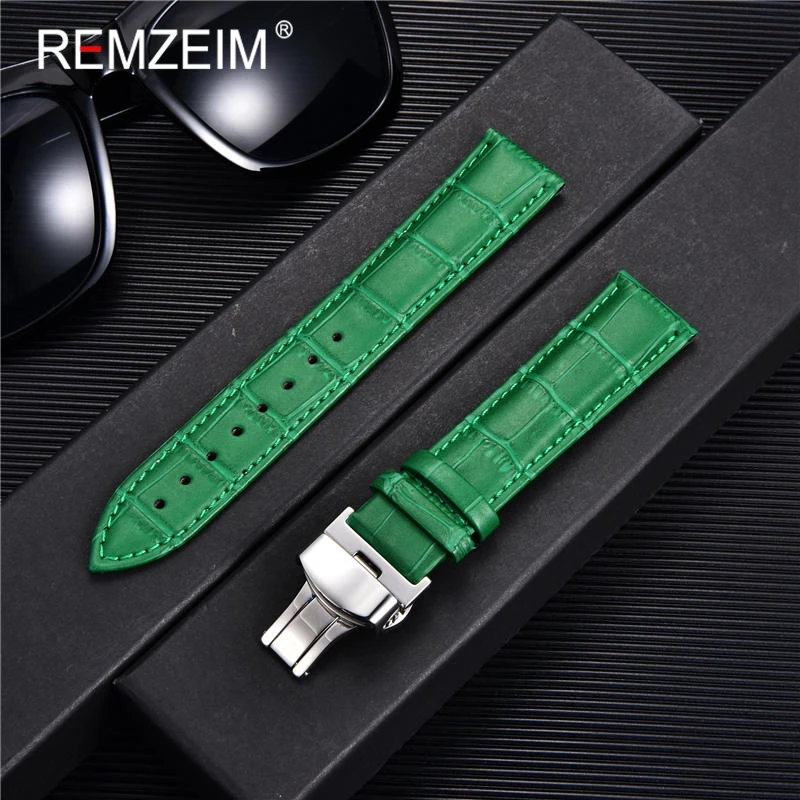 REMZEIM Watch Accessories Watch Strap 18mm 20mm 22mm 24mm Cow Leather Watch Band Blue Green Red Brown Black Watchband