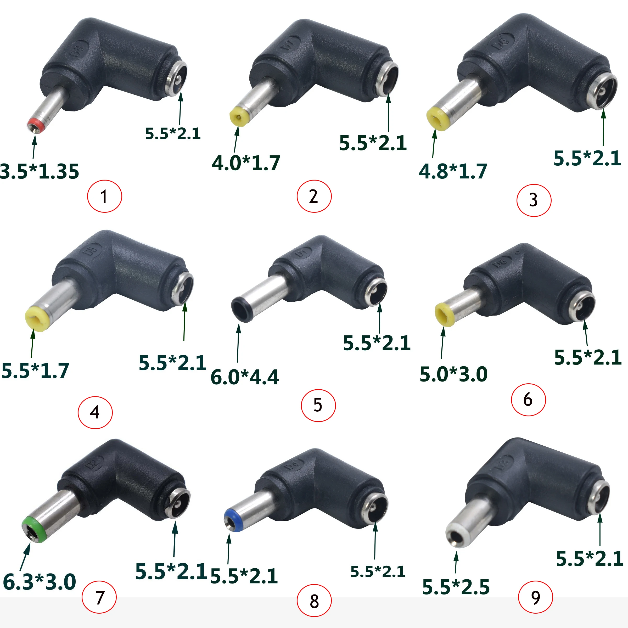 DC Connector 5.5 X 2.1MM Female Power Adapter to 3.0×1.35, 5.0*3.0, 4.0×1.7, 5.5×2.1, 5.5×2.5, 6.3×3.0, 6.0×4.4MM Male 90 Degree