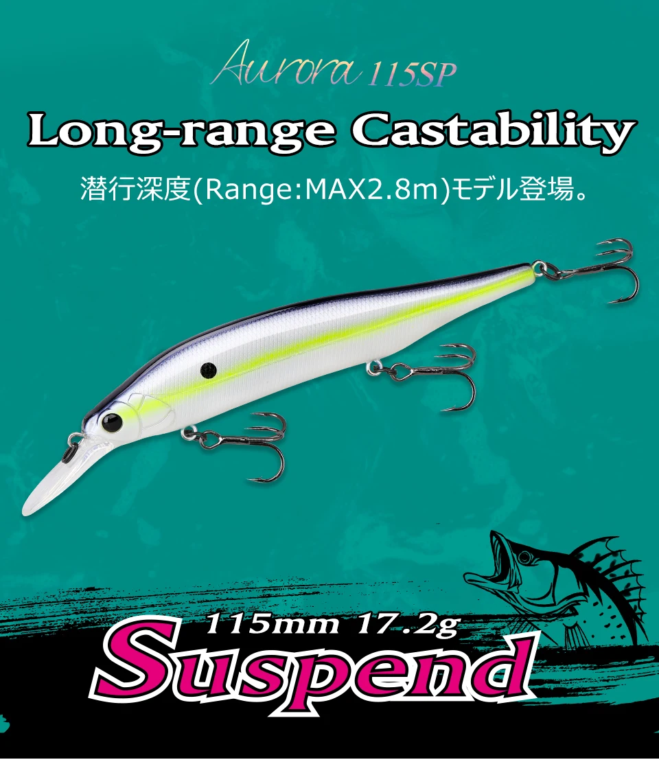 TSURINOYA Suspending Minnow 115SP 115mm 17.2g Weight System Fishing Lure AURORA Pike Bass Jerkbait Hard Bait