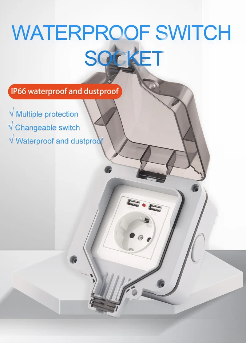 IP66 EU Standard German Style Outdoor Waterproof with USB Socket Wall Power Switch Socket Plug Outlet AC 250V 16A Home