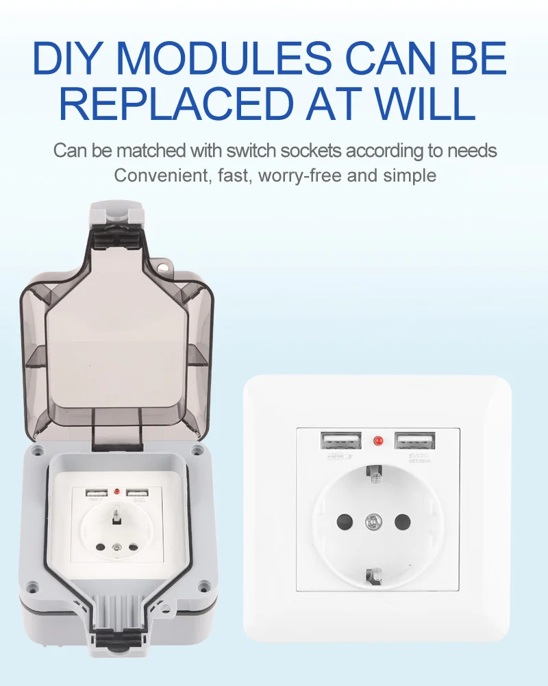 IP66 EU Standard German Style Outdoor Waterproof with USB Socket Wall Power Switch Socket Plug Outlet AC 250V 16A Home