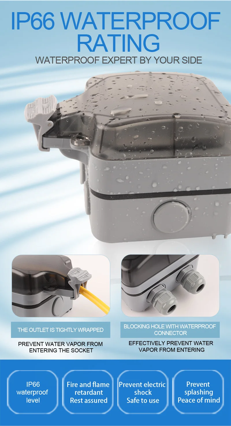 IP66 EU Standard German Style Outdoor Waterproof with USB Socket Wall Power Switch Socket Plug Outlet AC 250V 16A Home