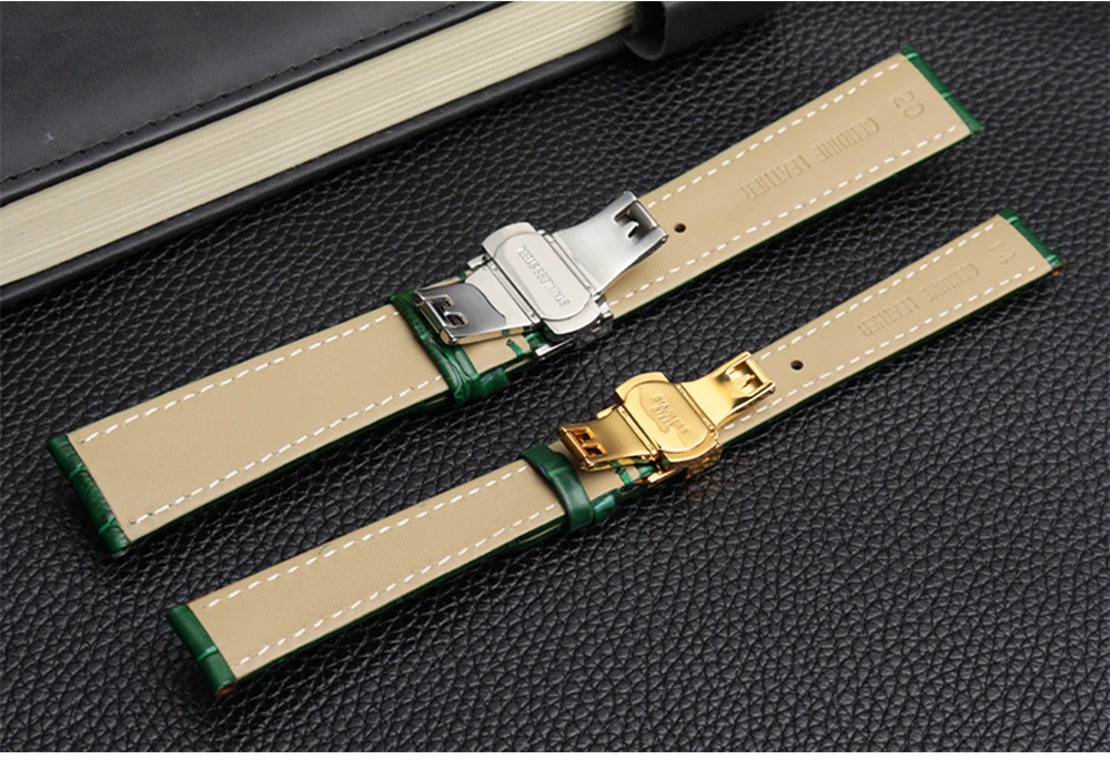 COW LEATHER Watchband 12 -24mm Glossy Green Watch Strap Genuine Leather Bracelet 15mm 20mm 22mm Watch Band Wristwatches Band