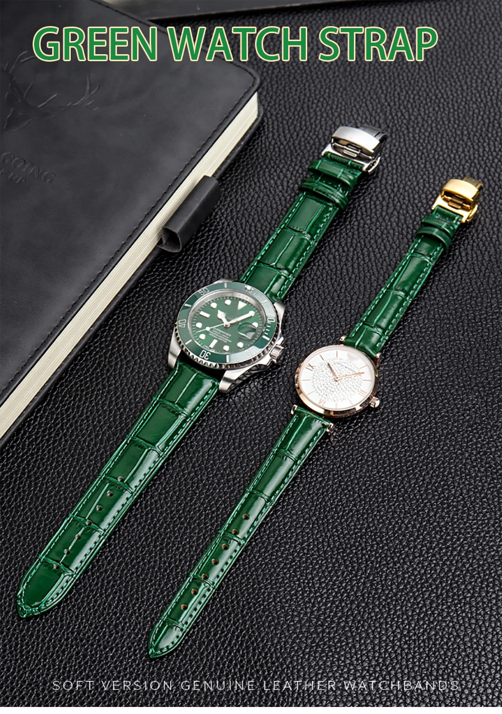 COW LEATHER Watchband 12 -24mm Glossy Green Watch Strap Genuine Leather Bracelet 15mm 20mm 22mm Watch Band Wristwatches Band