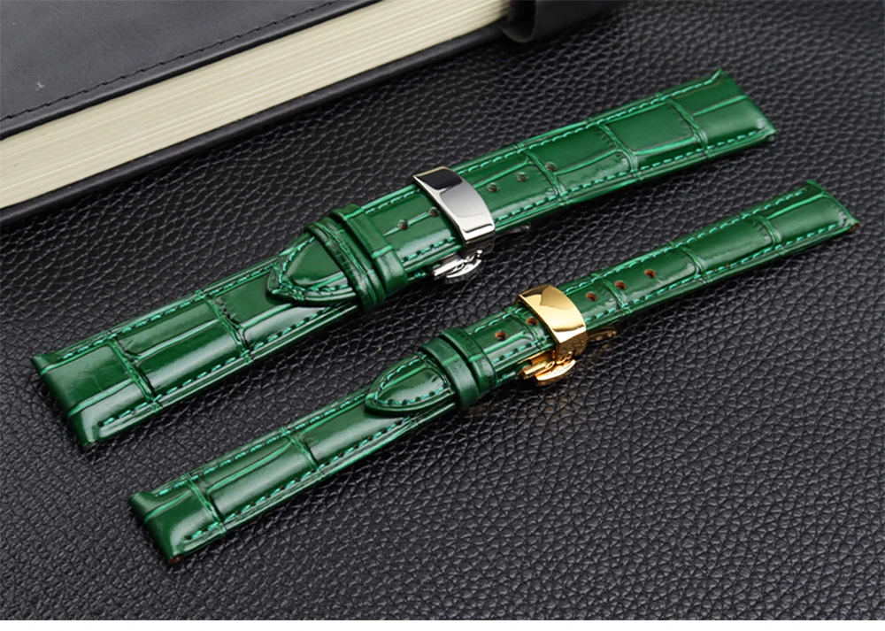 COW LEATHER Watchband 12 -24mm Glossy Green Watch Strap Genuine Leather Bracelet 15mm 20mm 22mm Watch Band Wristwatches Band