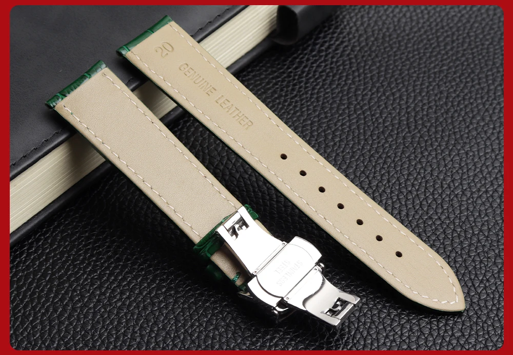 COW LEATHER Watchband 12 -24mm Glossy Green Watch Strap Genuine Leather Bracelet 15mm 20mm 22mm Watch Band Wristwatches Band