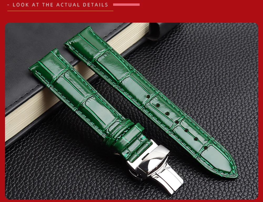 COW LEATHER Watchband 12 -24mm Glossy Green Watch Strap Genuine Leather Bracelet 15mm 20mm 22mm Watch Band Wristwatches Band
