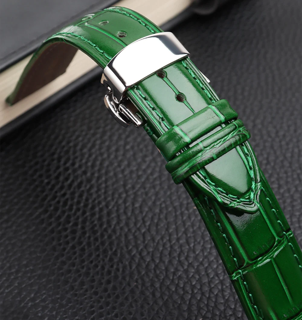 COW LEATHER Watchband 12 -24mm Glossy Green Watch Strap Genuine Leather Bracelet 15mm 20mm 22mm Watch Band Wristwatches Band
