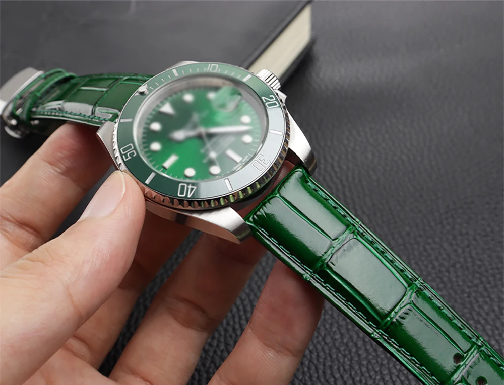 COW LEATHER Watchband 12 -24mm Glossy Green Watch Strap Genuine Leather Bracelet 15mm 20mm 22mm Watch Band Wristwatches Band