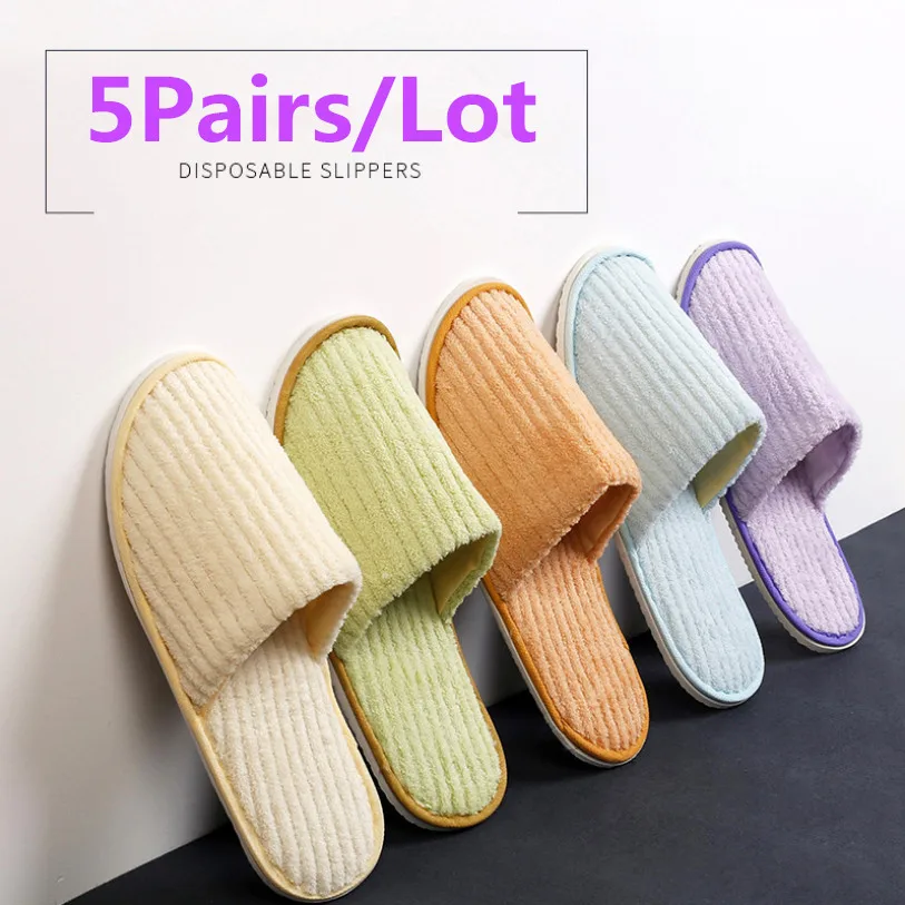 5 Pairs/Lot Mix Colors Men Women Disposable Hotel Slippers Cotton Slides Home Travel SPA Slipper Hospitality Cheap Footwear