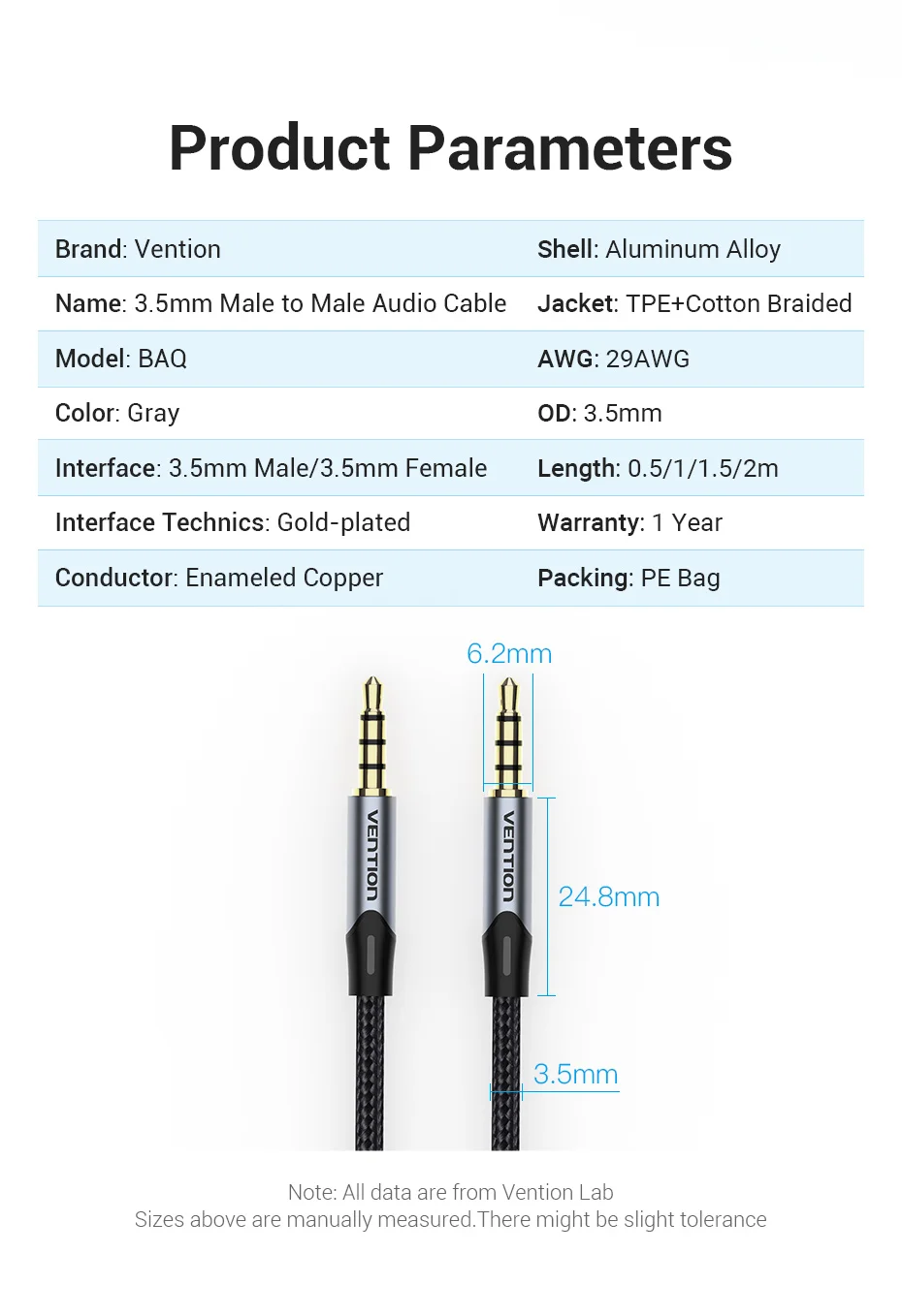 Vention Jack 3.5 Aux Cable Male to Male 3.5 mm Jack HiFi Audio Cable for Guitar Car Microphone Headphone Speaker Cable Aux Cord