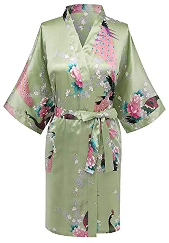 Satin Silk Women Wedding Bridemaid Robe Sexy Crane Print Bathrobe Short Long Kimono Night Gown Robe Fashion Dressing Gown Female