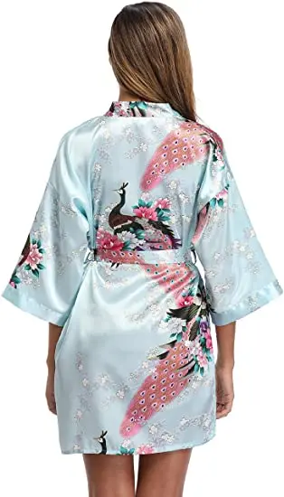 Satin Silk Women Wedding Bridemaid Robe Sexy Crane Print Bathrobe Short Long Kimono Night Gown Robe Fashion Dressing Gown Female