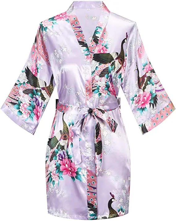 Satin Silk Women Wedding Bridemaid Robe Sexy Crane Print Bathrobe Short Long Kimono Night Gown Robe Fashion Dressing Gown Female