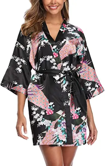 Satin Silk Women Wedding Bridemaid Robe Sexy Crane Print Bathrobe Short Long Kimono Night Gown Robe Fashion Dressing Gown Female