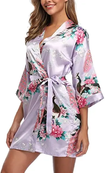 Satin Silk Women Wedding Bridemaid Robe Sexy Crane Print Bathrobe Short Long Kimono Night Gown Robe Fashion Dressing Gown Female
