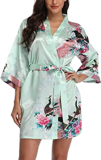 Satin Silk Women Wedding Bridemaid Robe Sexy Crane Print Bathrobe Short Long Kimono Night Gown Robe Fashion Dressing Gown Female