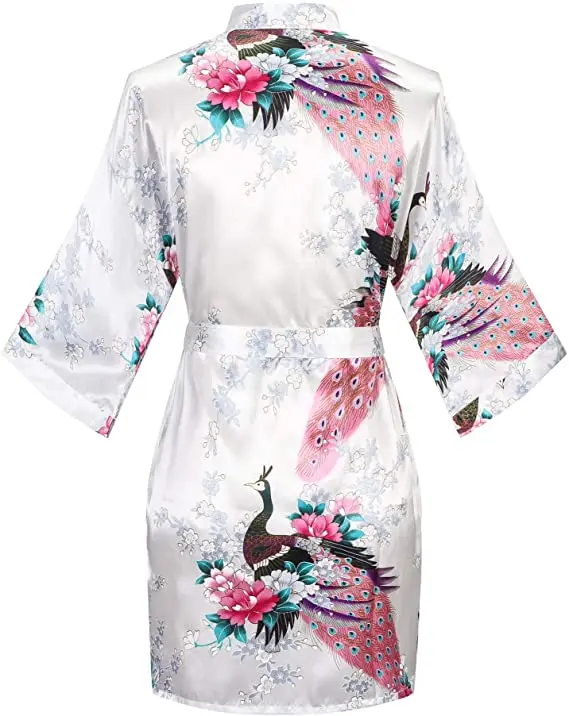 Satin Silk Women Wedding Bridemaid Robe Sexy Crane Print Bathrobe Short Long Kimono Night Gown Robe Fashion Dressing Gown Female