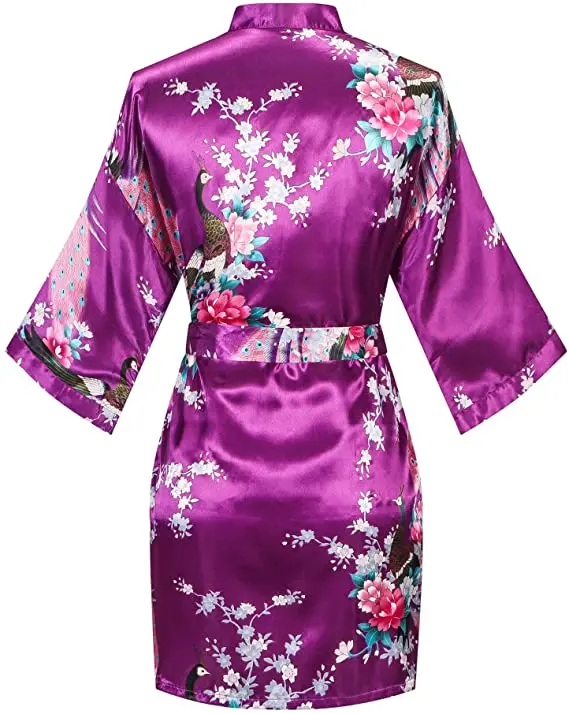 Satin Silk Women Wedding Bridemaid Robe Sexy Crane Print Bathrobe Short Long Kimono Night Gown Robe Fashion Dressing Gown Female
