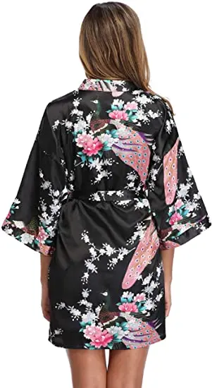 Satin Silk Women Wedding Bridemaid Robe Sexy Crane Print Bathrobe Short Long Kimono Night Gown Robe Fashion Dressing Gown Female