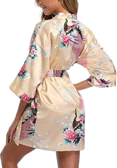 Satin Silk Women Wedding Bridemaid Robe Sexy Crane Print Bathrobe Short Long Kimono Night Gown Robe Fashion Dressing Gown Female