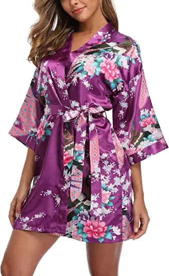 Satin Silk Women Wedding Bridemaid Robe Sexy Crane Print Bathrobe Short Long Kimono Night Gown Robe Fashion Dressing Gown Female