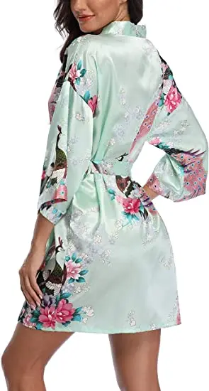 Satin Silk Women Wedding Bridemaid Robe Sexy Crane Print Bathrobe Short Long Kimono Night Gown Robe Fashion Dressing Gown Female