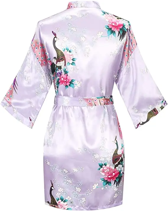 Satin Silk Women Wedding Bridemaid Robe Sexy Crane Print Bathrobe Short Long Kimono Night Gown Robe Fashion Dressing Gown Female