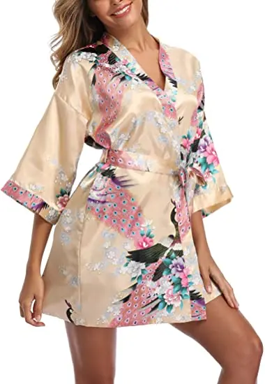 Satin Silk Women Wedding Bridemaid Robe Sexy Crane Print Bathrobe Short Long Kimono Night Gown Robe Fashion Dressing Gown Female
