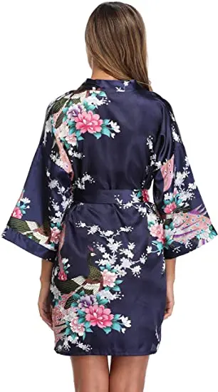 Satin Silk Women Wedding Bridemaid Robe Sexy Crane Print Bathrobe Short Long Kimono Night Gown Robe Fashion Dressing Gown Female