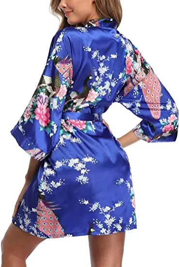Satin Silk Women Wedding Bridemaid Robe Sexy Crane Print Bathrobe Short Long Kimono Night Gown Robe Fashion Dressing Gown Female
