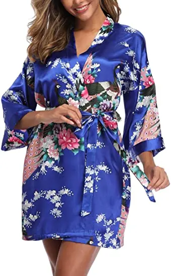 Satin Silk Women Wedding Bridemaid Robe Sexy Crane Print Bathrobe Short Long Kimono Night Gown Robe Fashion Dressing Gown Female