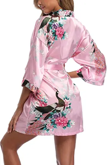 Satin Silk Women Wedding Bridemaid Robe Sexy Crane Print Bathrobe Short Long Kimono Night Gown Robe Fashion Dressing Gown Female