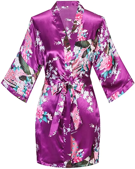 Satin Silk Women Wedding Bridemaid Robe Sexy Crane Print Bathrobe Short Long Kimono Night Gown Robe Fashion Dressing Gown Female