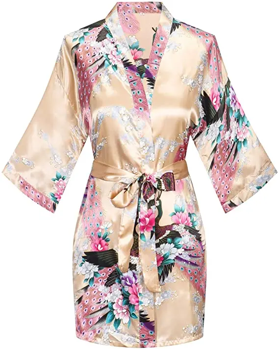 Satin Silk Women Wedding Bridemaid Robe Sexy Crane Print Bathrobe Short Long Kimono Night Gown Robe Fashion Dressing Gown Female