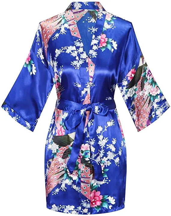 Satin Silk Women Wedding Bridemaid Robe Sexy Crane Print Bathrobe Short Long Kimono Night Gown Robe Fashion Dressing Gown Female