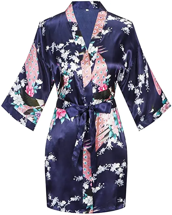 Satin Silk Women Wedding Bridemaid Robe Sexy Crane Print Bathrobe Short Long Kimono Night Gown Robe Fashion Dressing Gown Female
