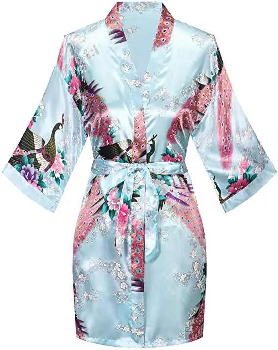 Satin Silk Women Wedding Bridemaid Robe Sexy Crane Print Bathrobe Short Long Kimono Night Gown Robe Fashion Dressing Gown Female