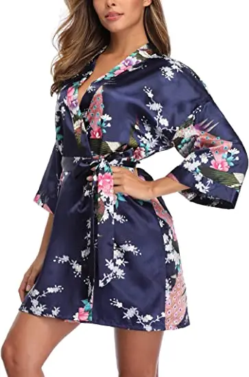 Satin Silk Women Wedding Bridemaid Robe Sexy Crane Print Bathrobe Short Long Kimono Night Gown Robe Fashion Dressing Gown Female