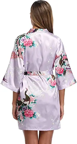 Satin Silk Women Wedding Bridemaid Robe Sexy Crane Print Bathrobe Short Long Kimono Night Gown Robe Fashion Dressing Gown Female