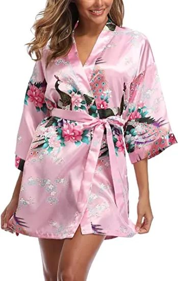 Satin Silk Women Wedding Bridemaid Robe Sexy Crane Print Bathrobe Short Long Kimono Night Gown Robe Fashion Dressing Gown Female