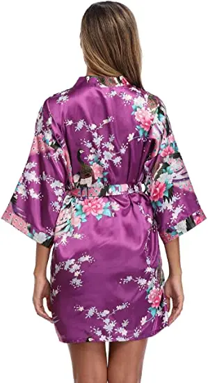 Satin Silk Women Wedding Bridemaid Robe Sexy Crane Print Bathrobe Short Long Kimono Night Gown Robe Fashion Dressing Gown Female