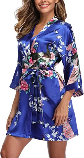 Satin Silk Women Wedding Bridemaid Robe Sexy Crane Print Bathrobe Short Long Kimono Night Gown Robe Fashion Dressing Gown Female