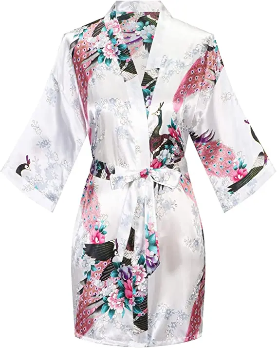 Satin Silk Women Wedding Bridemaid Robe Sexy Crane Print Bathrobe Short Long Kimono Night Gown Robe Fashion Dressing Gown Female