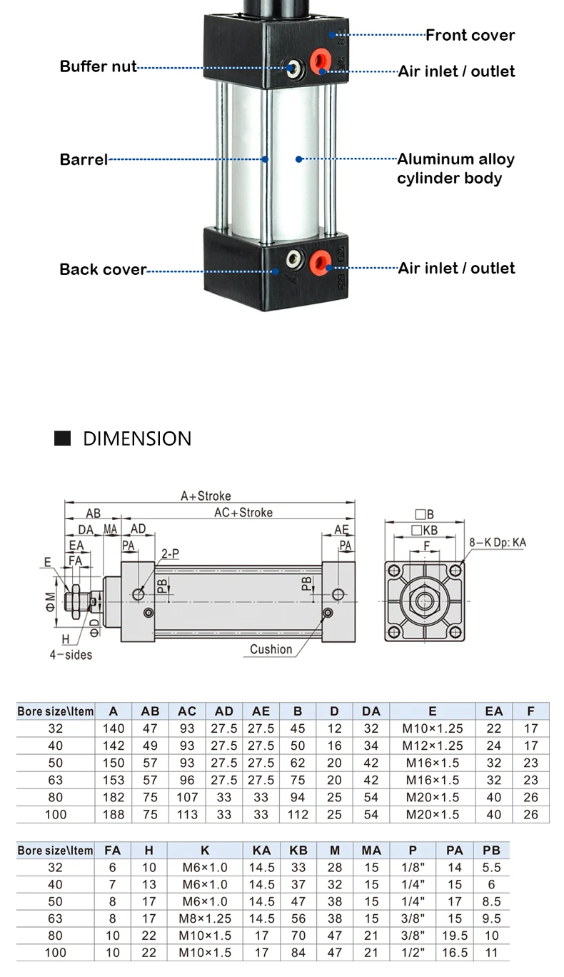 Standard Air Pneumatic Cylinders SC 32/40/50/63mm Bore Double Acting 50/75/100/125/150/175/200/250/300/350/400/500/1000mm Stroke