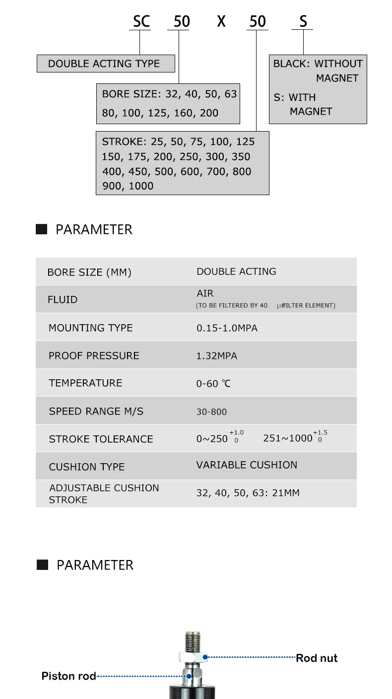 Standard Air Pneumatic Cylinders SC 32/40/50/63mm Bore Double Acting 50/75/100/125/150/175/200/250/300/350/400/500/1000mm Stroke