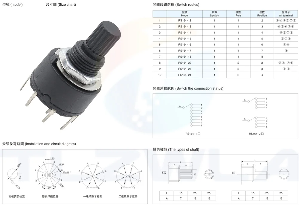 1PCS RS16 Plastic 16MM Rotary Band Switch 2 Pole 3 4 Position 1 Pole 5 6 8 Position Handle Length 15MM Axis Band Switch