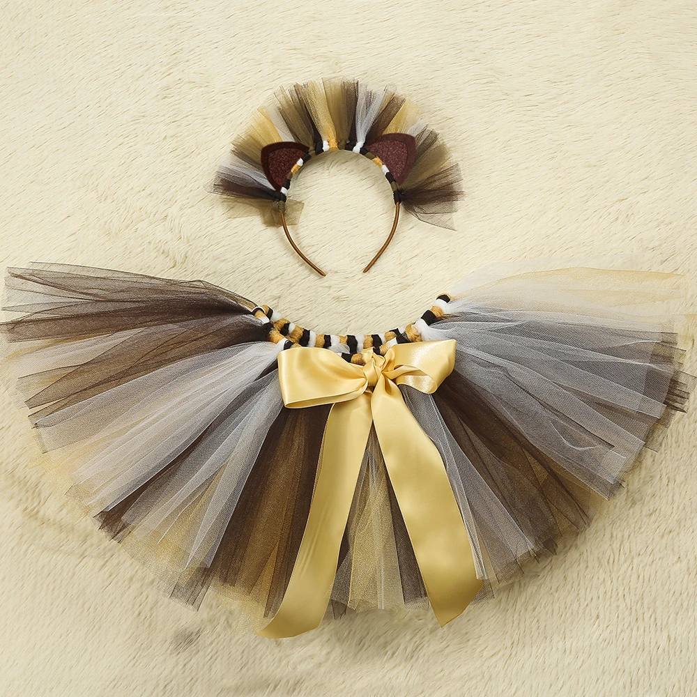 Girls Lion Tutu Skirt with Headband Fluffy Baby Girl Birthday Party Tutu Outfit Halloween Lion King Costume for Kids Tulle Skirt